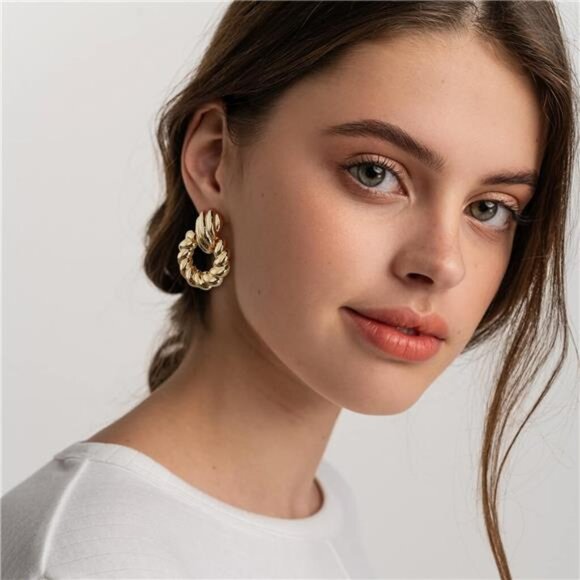 Gold Textured Hoop Drop Earrings | Twist Door Knocker Vintage Style - Picture 4 of 5